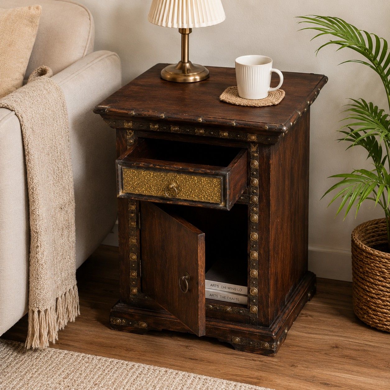 Rustic Wooden Bedside Cabinet with Drawer and Storage Compartment