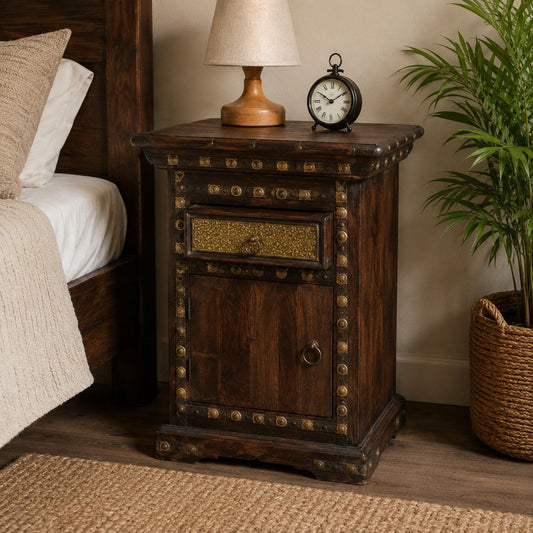 Rustic Wooden Bedside Cabinet with Drawer and Storage Compartment