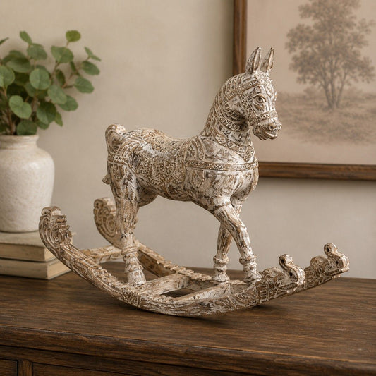 Hand-Carved Rustic Wooden Rocking Horse Sculpture