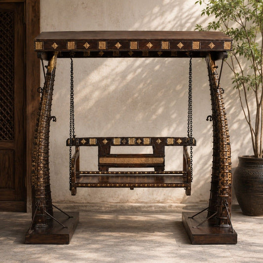 Luxury Brass & Wood Swing with Ornamental Detailing