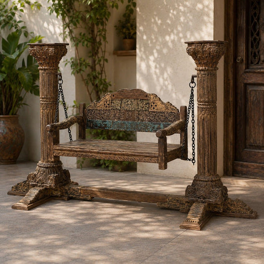 Hand-Carved Pillar Swing with Antique Finish