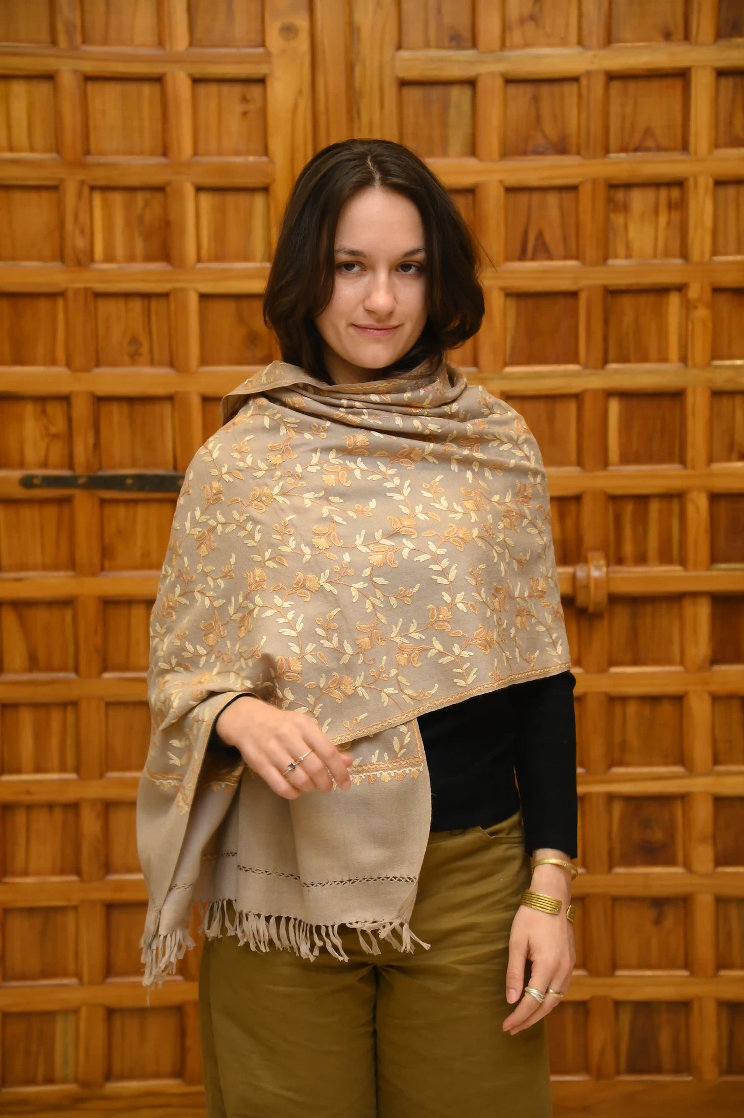 Hand-Embroidered Cashmere Shawl (gray)
