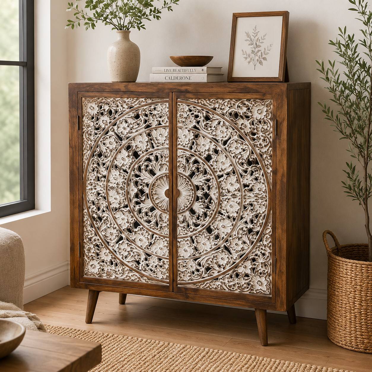 Hand-Carved Mandala Sideboard Cabinet