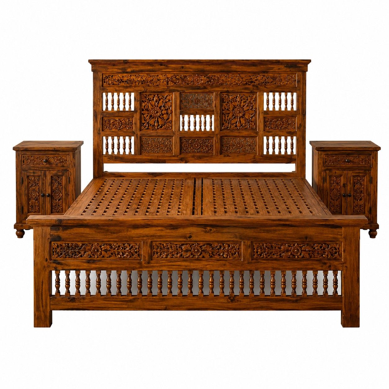 Hand-Carved Wooden Bed with Matching Side Tables