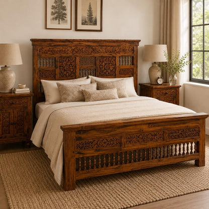 Hand-Carved Wooden Bed with Matching Side Tables