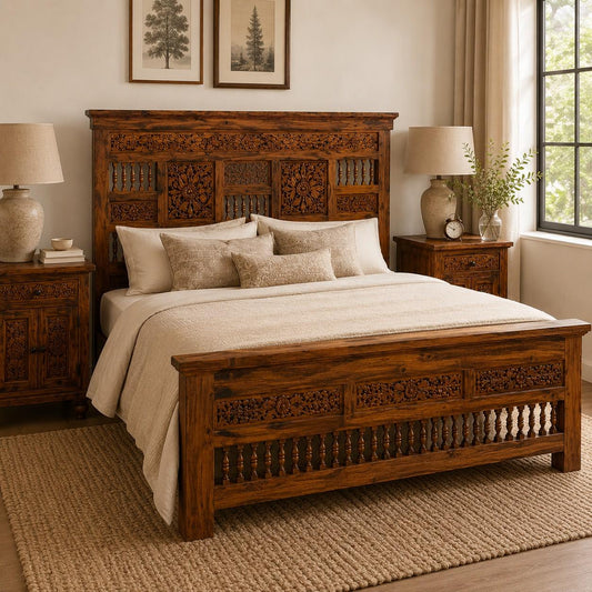 Hand-Carved Wooden Bed with Matching Side Tables