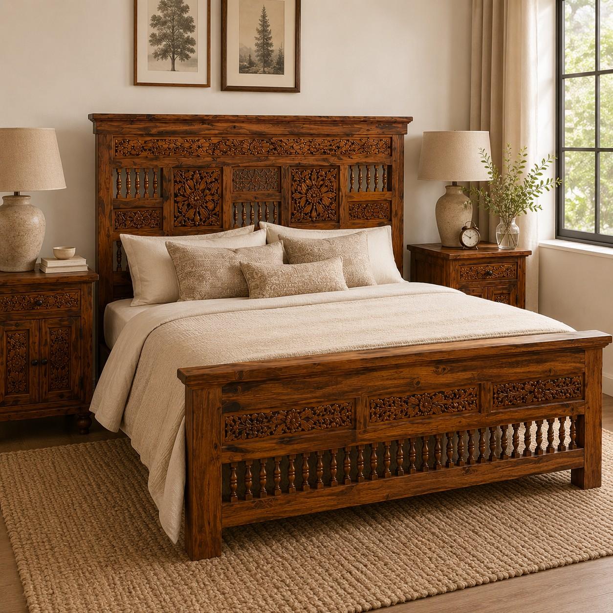 Hand-Carved Wooden Bed with Matching Side Tables