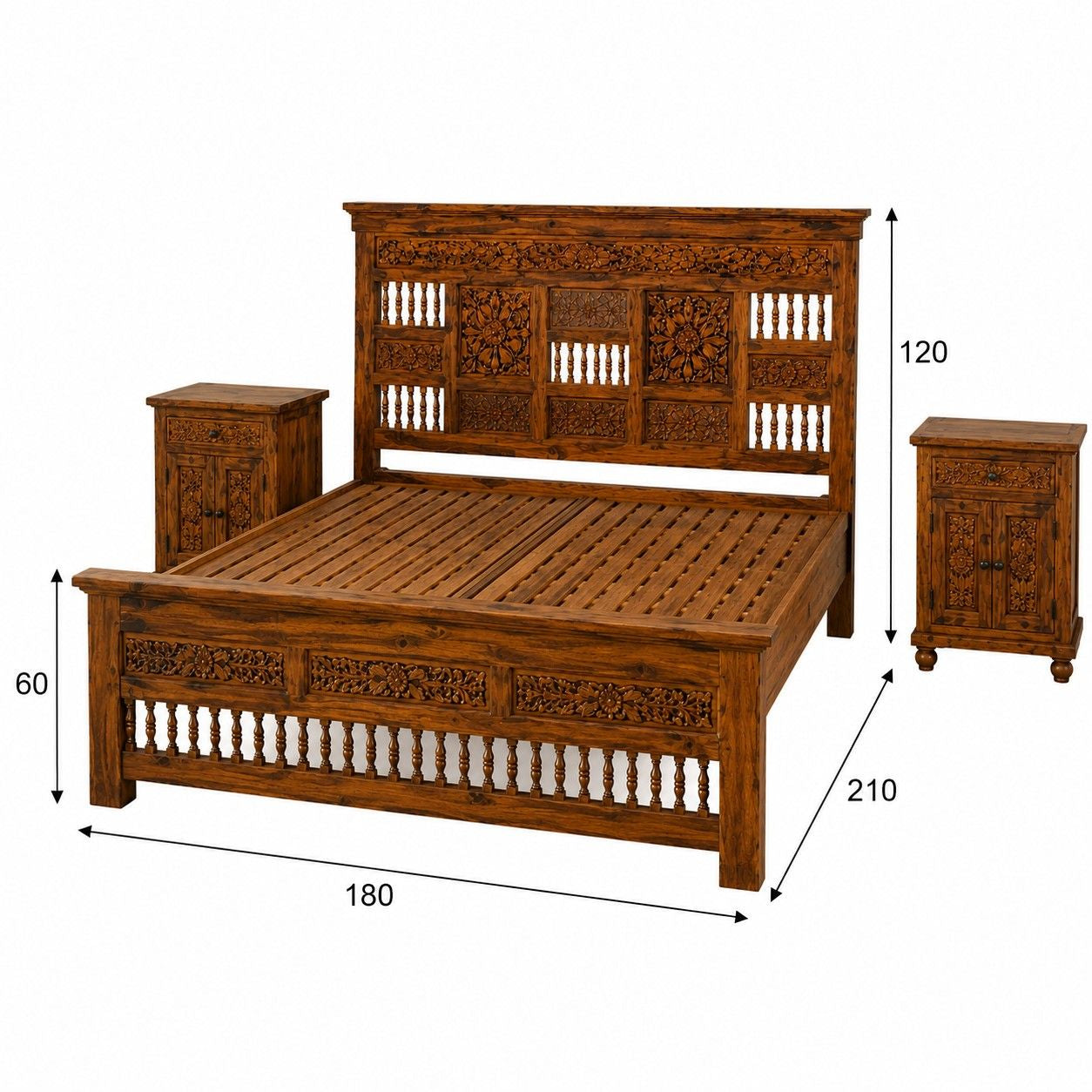 Hand-Carved Wooden Bed with Matching Side Tables