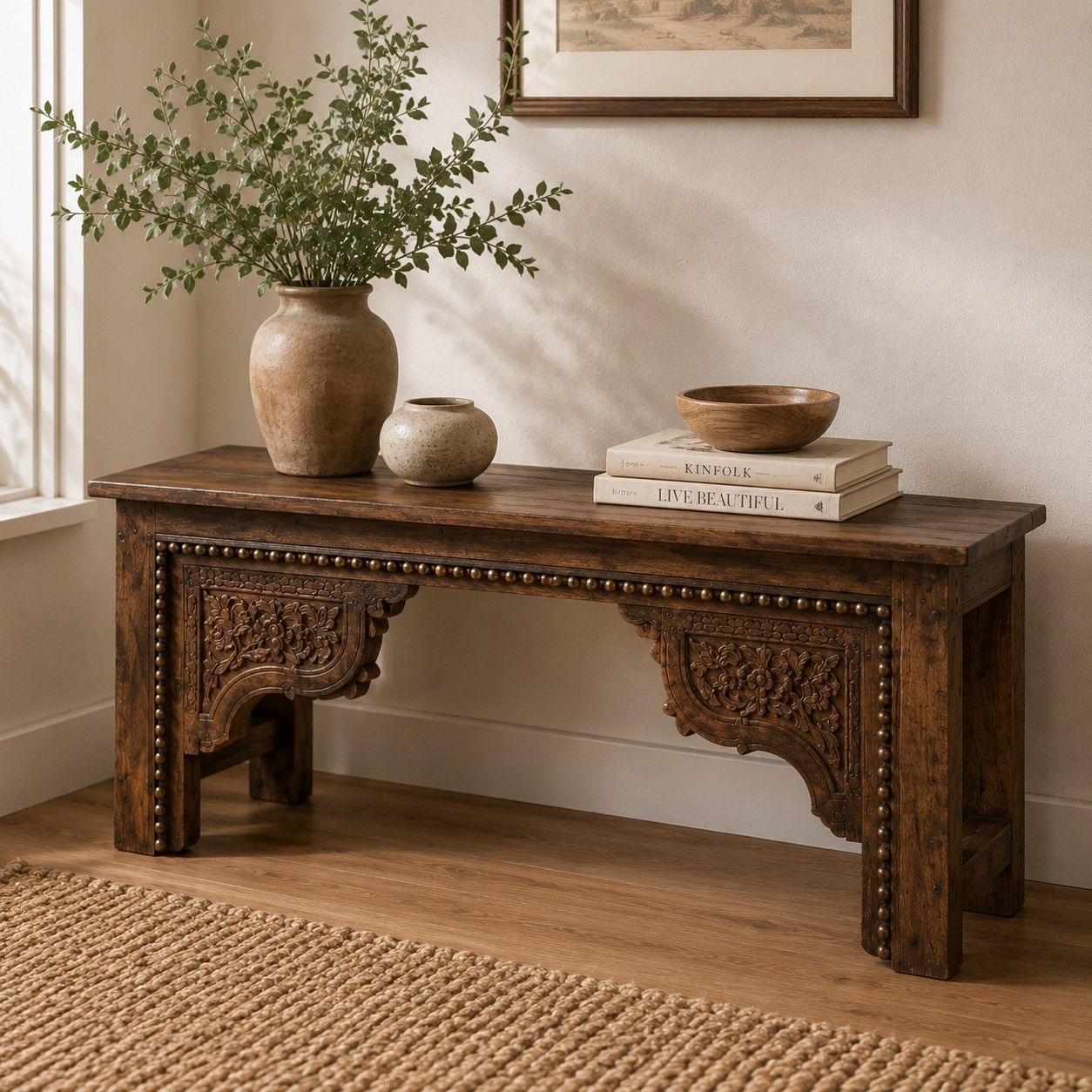 Hand-Carved Wooden Bench