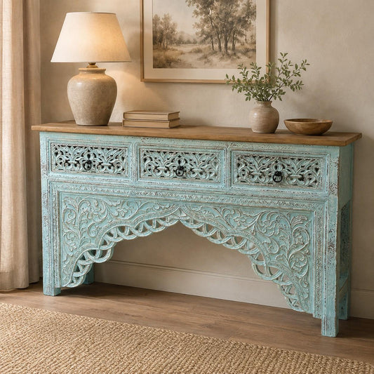 Hand-Carved Distressed Console Table with Drawers