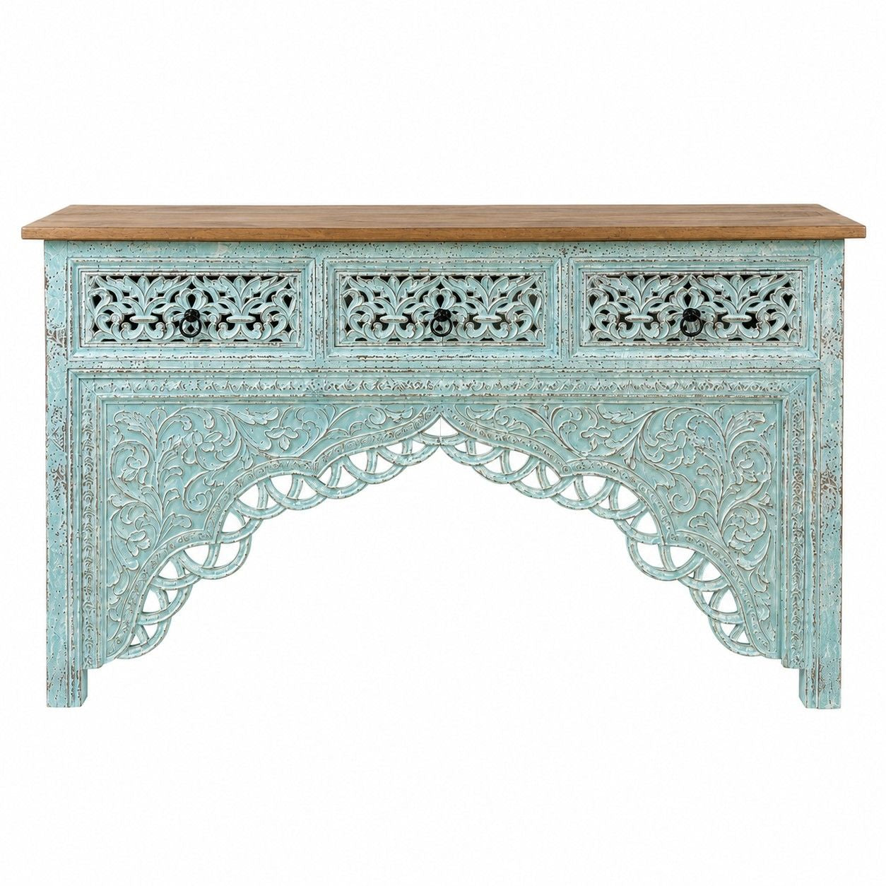 Hand-Carved Distressed Console Table with Drawers