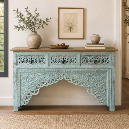 Hand-Carved Distressed Console Table with Drawers