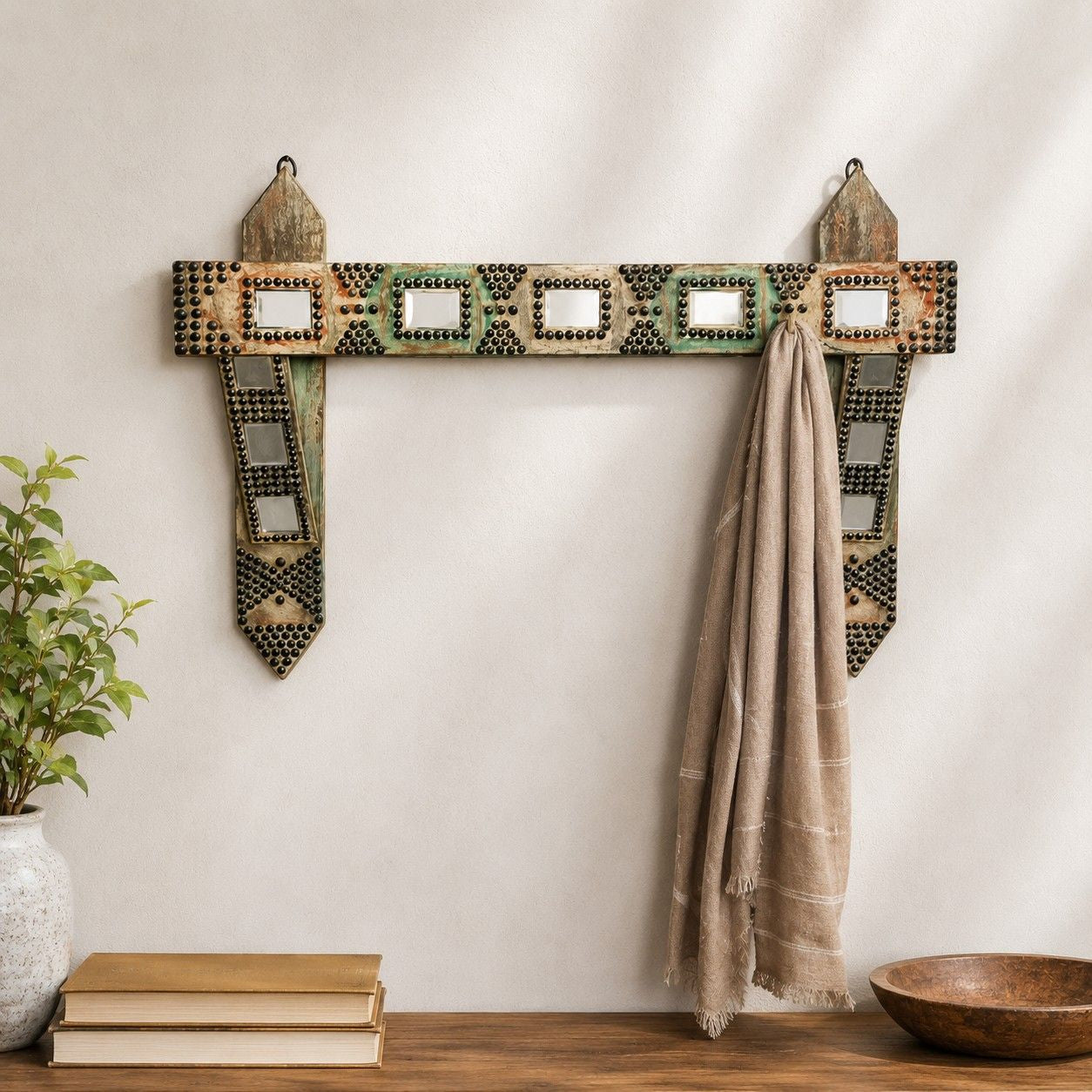 Rustic Tribal Wall Hanger with Mirror Work