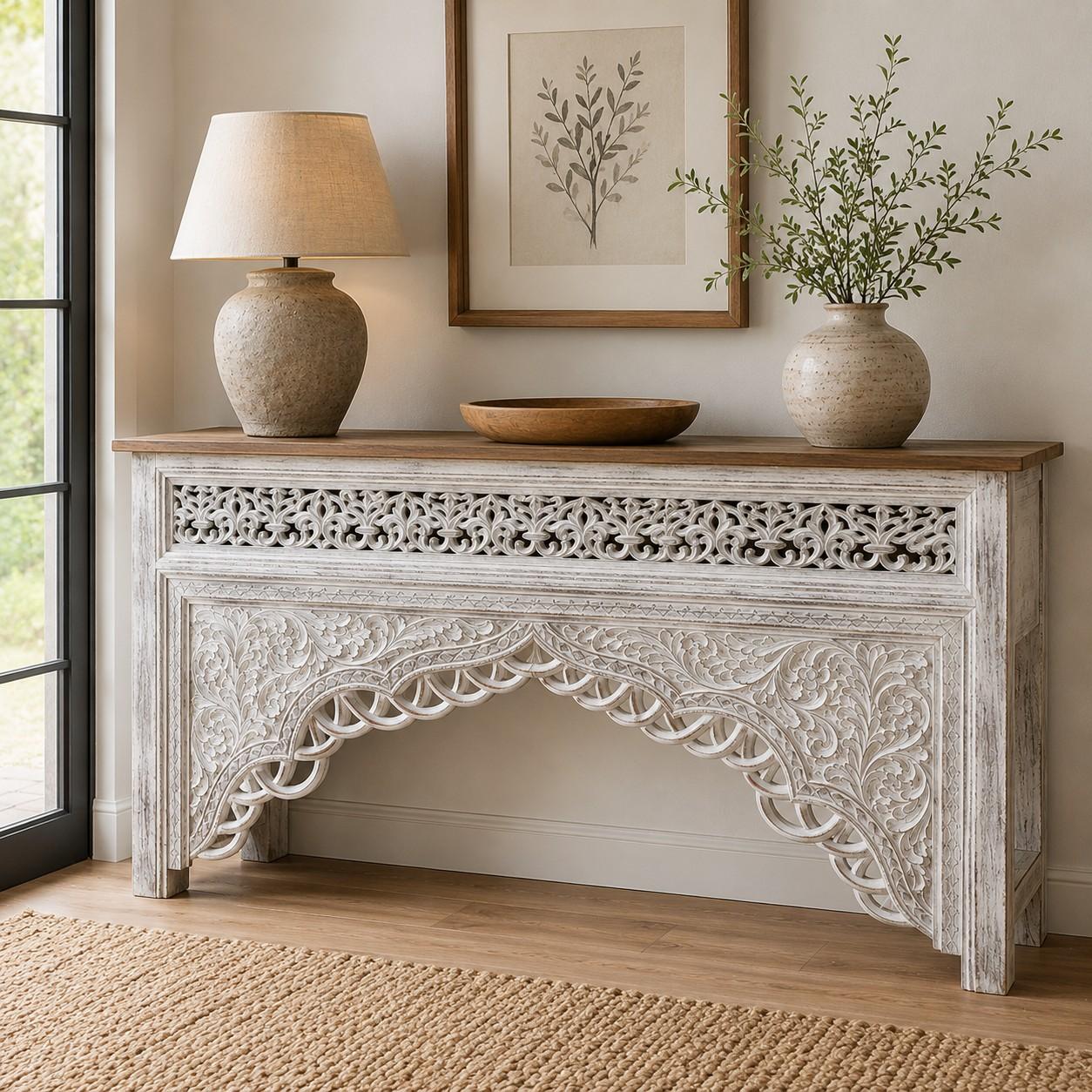 Hand-Carved Whitewash Console Table