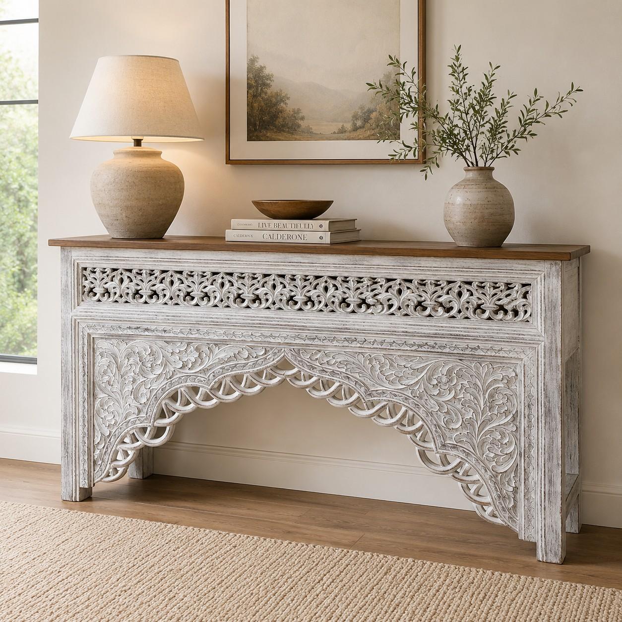 Hand-Carved Whitewash Console Table