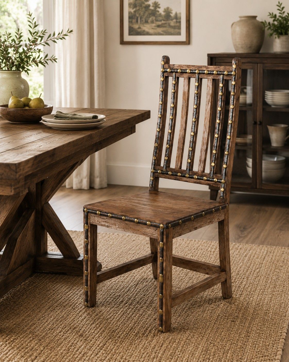 Heritage Wooden Dining Chair with Brass Stud Accents