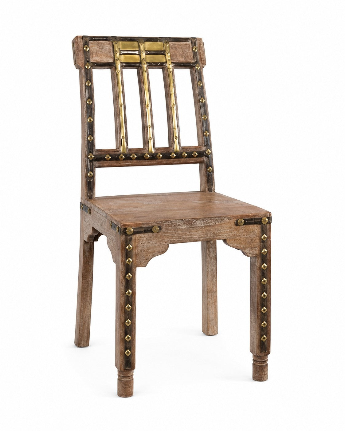Rustic Wooden Dining Chair with Brass Accent Detailing