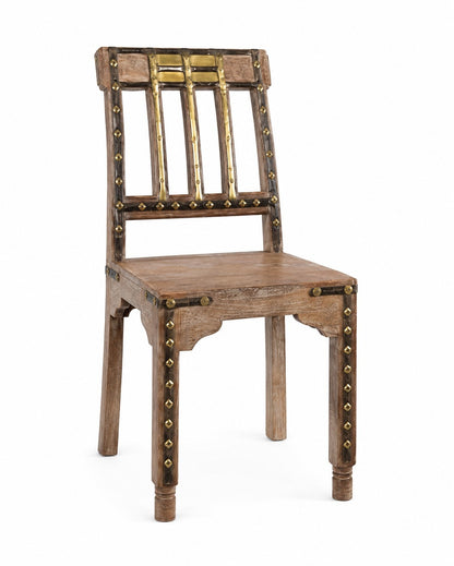 Rustic Wooden Dining Chair with Brass Accent Detailing