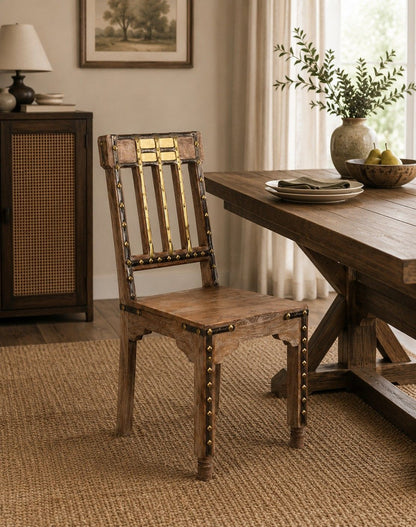 Rustic Wooden Dining Chair with Brass Accent Detailing
