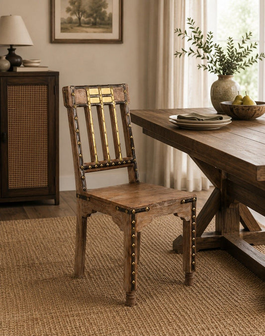 Rustic Wooden Dining Chair with Brass Accent Detailing