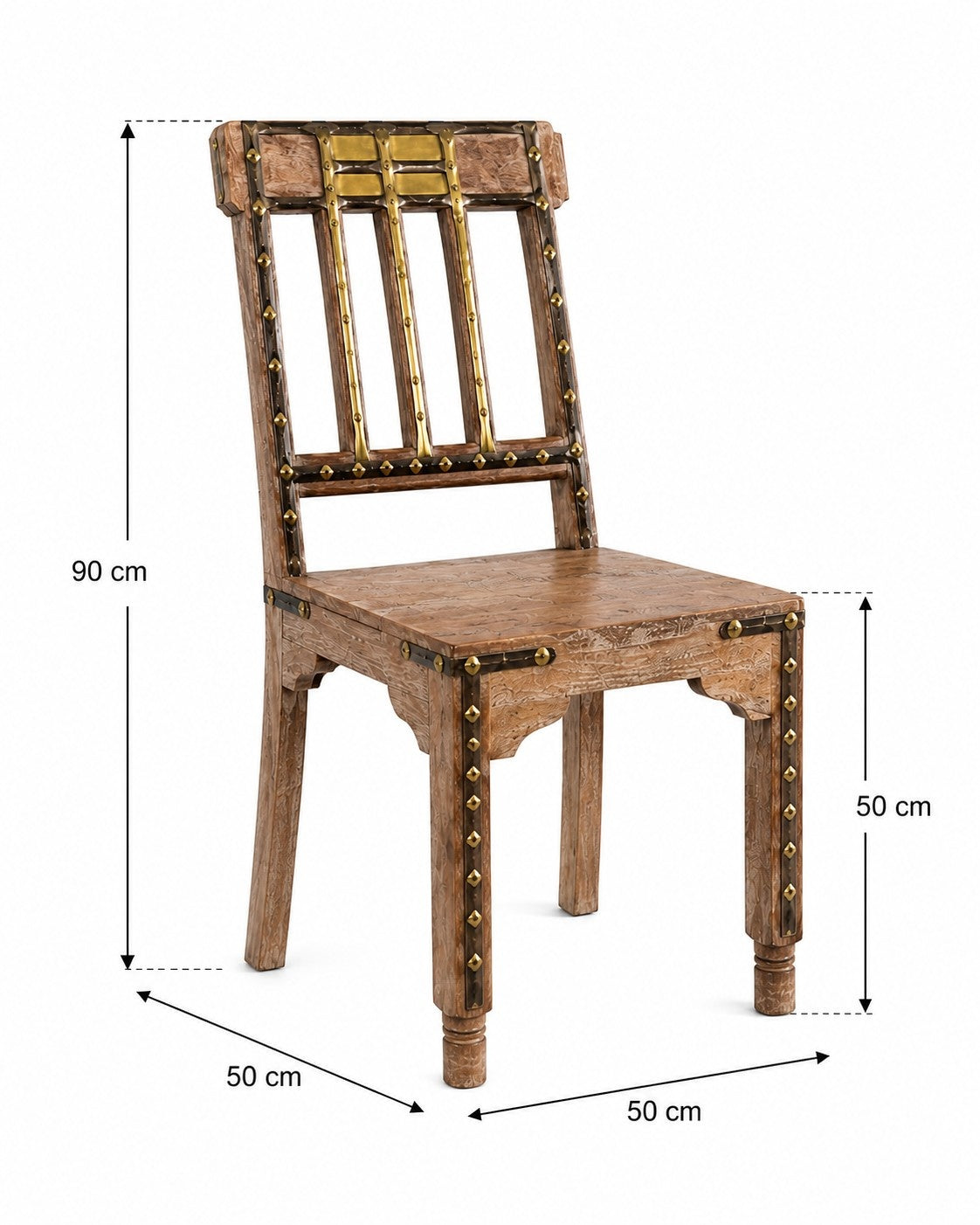 Rustic Wooden Dining Chair with Brass Accent Detailing