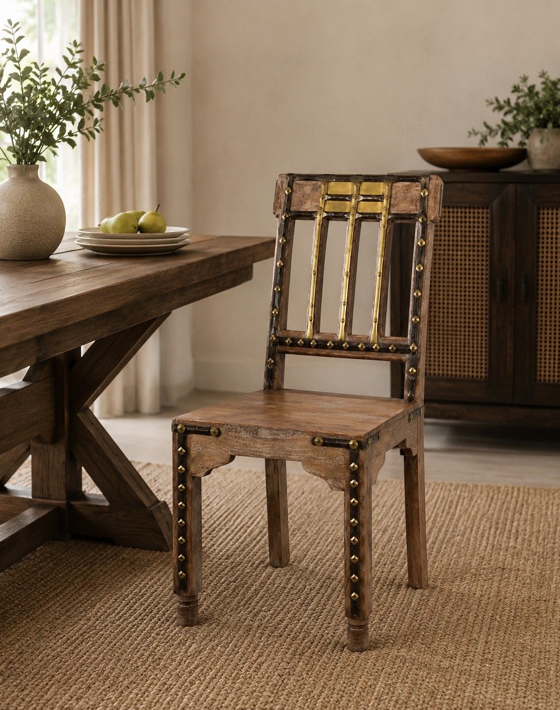 Rustic Wooden Dining Chair with Brass Accent Detailing