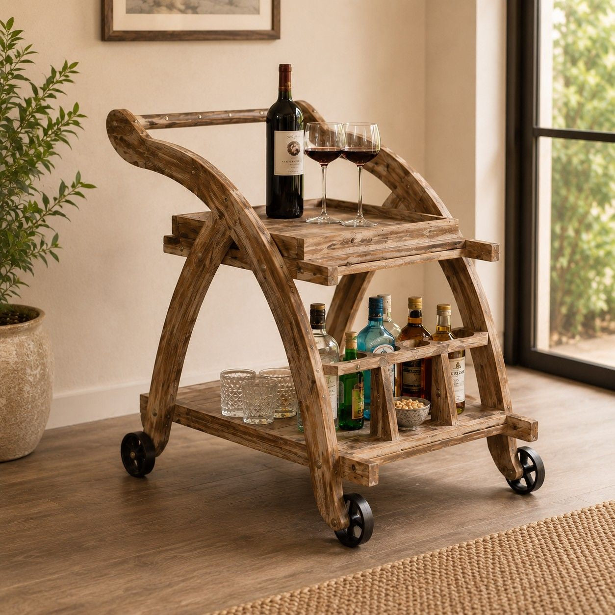 Rustic Wooden Bar Trolley with Storage Shelves