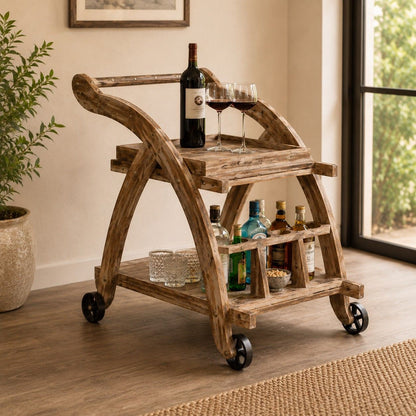 Rustic Wooden Bar Trolley with Storage Shelves