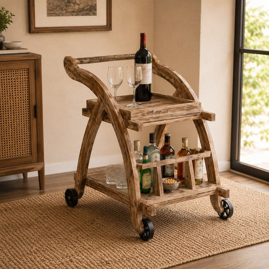 Rustic Wooden Bar Trolley with Storage Shelves