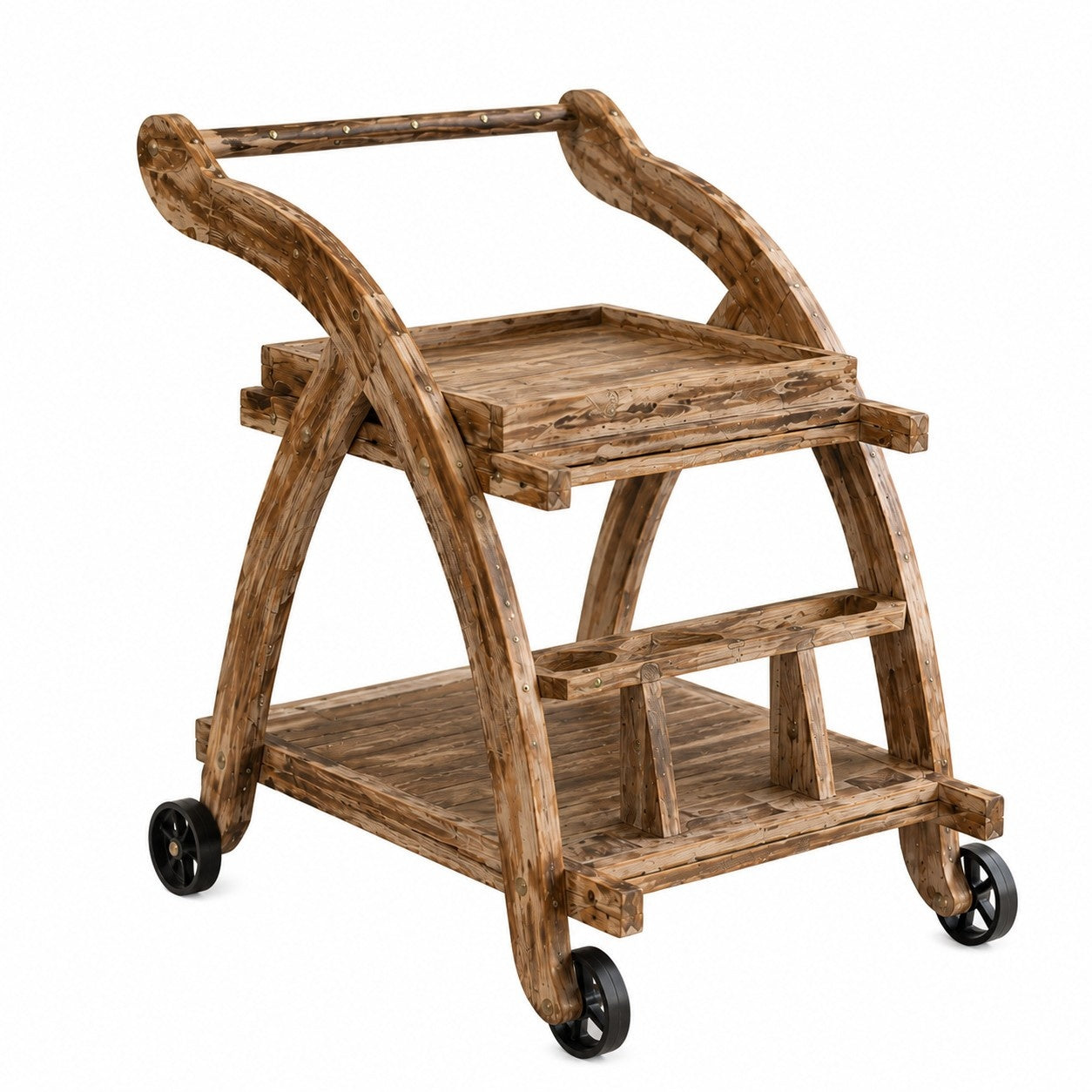 Rustic Wooden Bar Trolley with Storage Shelves