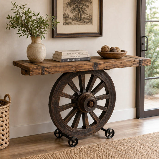 Vintage Cart Wheel Console Table