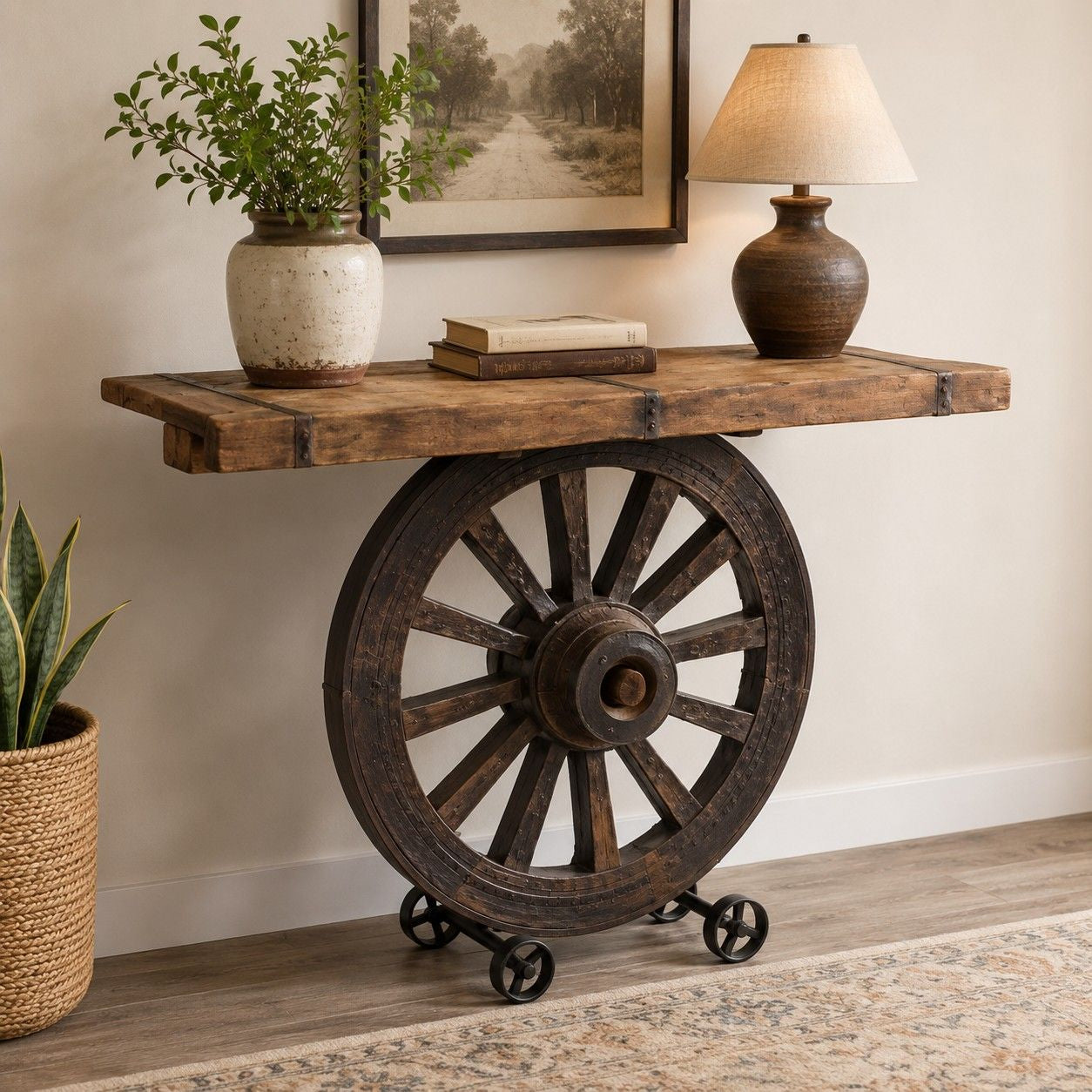 Vintage Cart Wheel Console Table