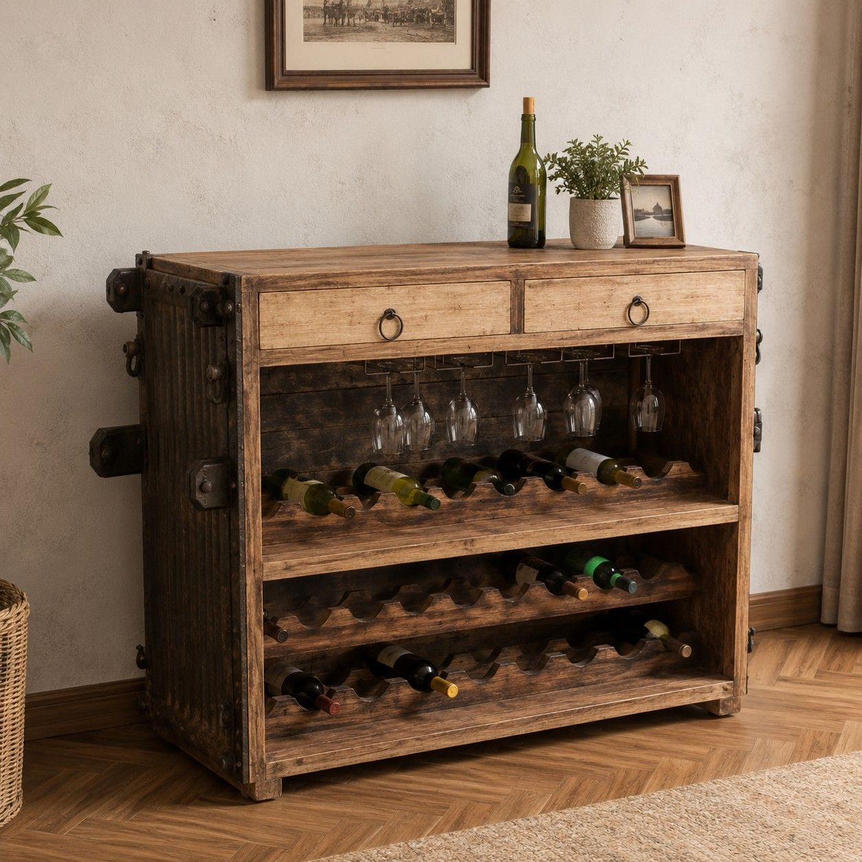 Rustic Wooden Wine Bar Cabinet with Sliding Door