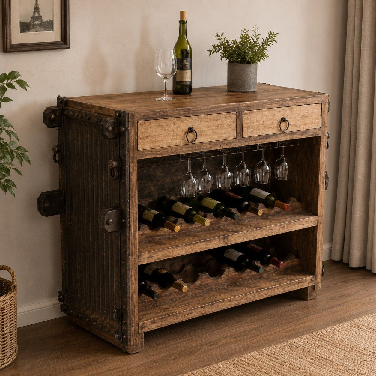 Rustic Wooden Wine Bar Cabinet with Sliding Door