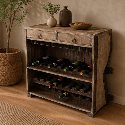 Rustic Wooden Wine Bar Cabinet with Roll-Top Door
