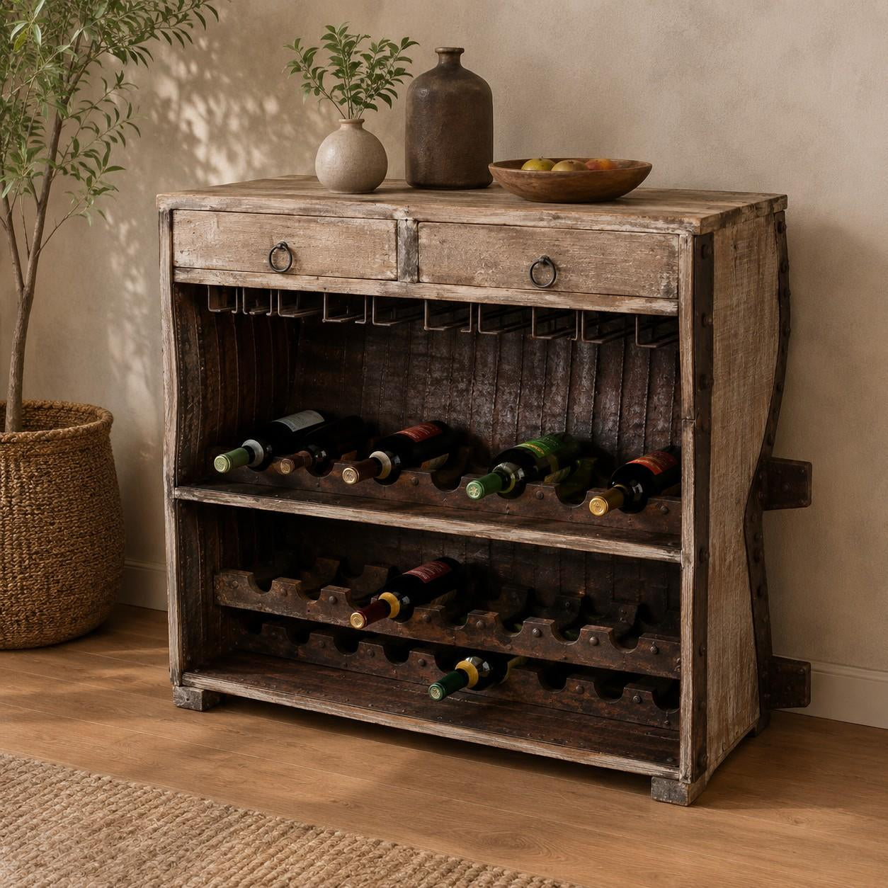 Rustic Wooden Wine Bar Cabinet with Roll-Top Door