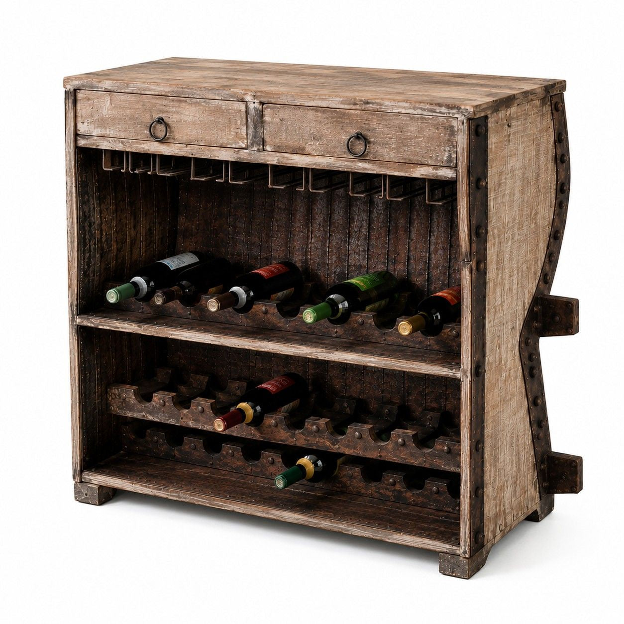 Rustic Wooden Wine Bar Cabinet with Roll-Top Door