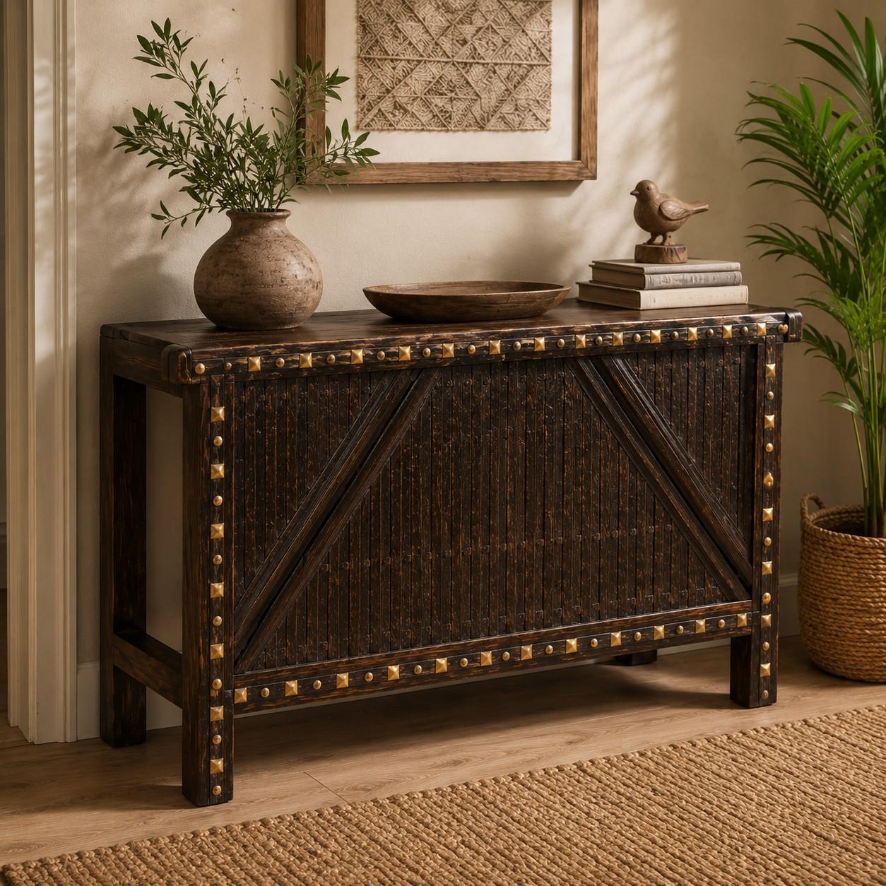 Industrial Rustic Console Table with Metal Accent Panels