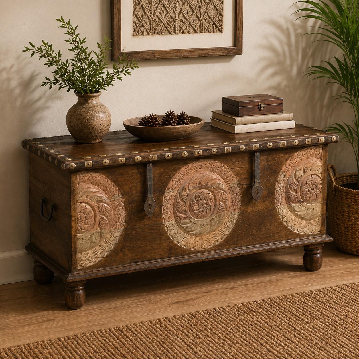 Handcrafted Wooden Storage Chest with Decorative Metal Medallions