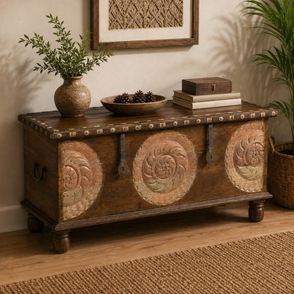 Handcrafted Wooden Storage Chest with Decorative Metal Medallions
