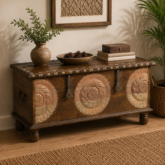 Handcrafted Wooden Storage Chest with Decorative Metal Medallions