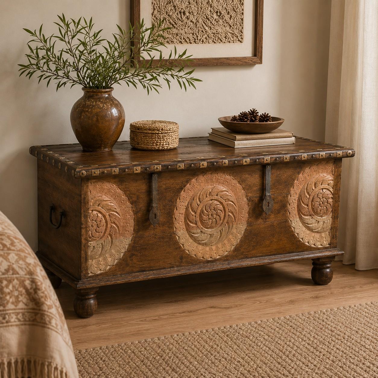 Handcrafted Wooden Storage Chest with Decorative Metal Medallions