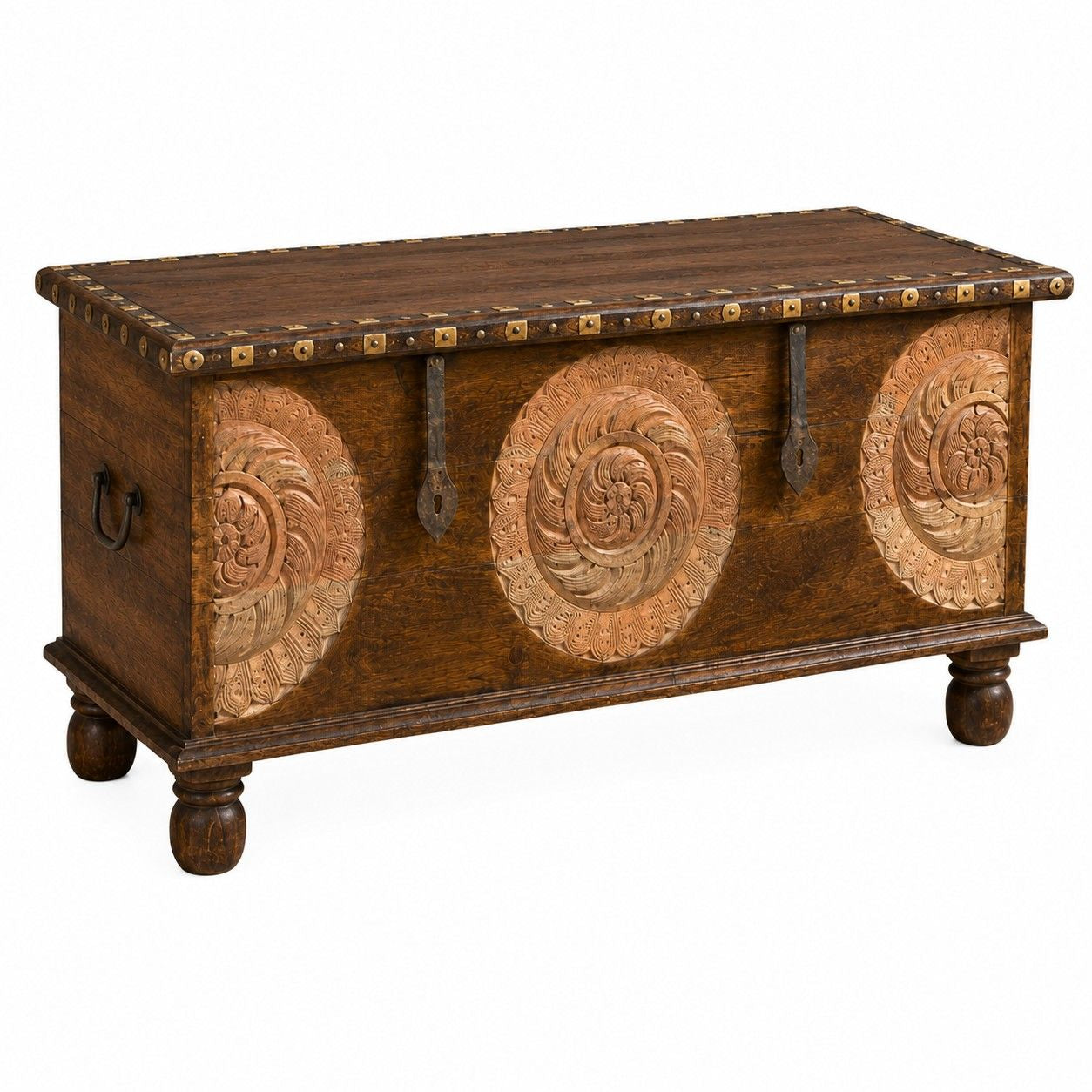 Handcrafted Wooden Storage Chest with Decorative Metal Medallions