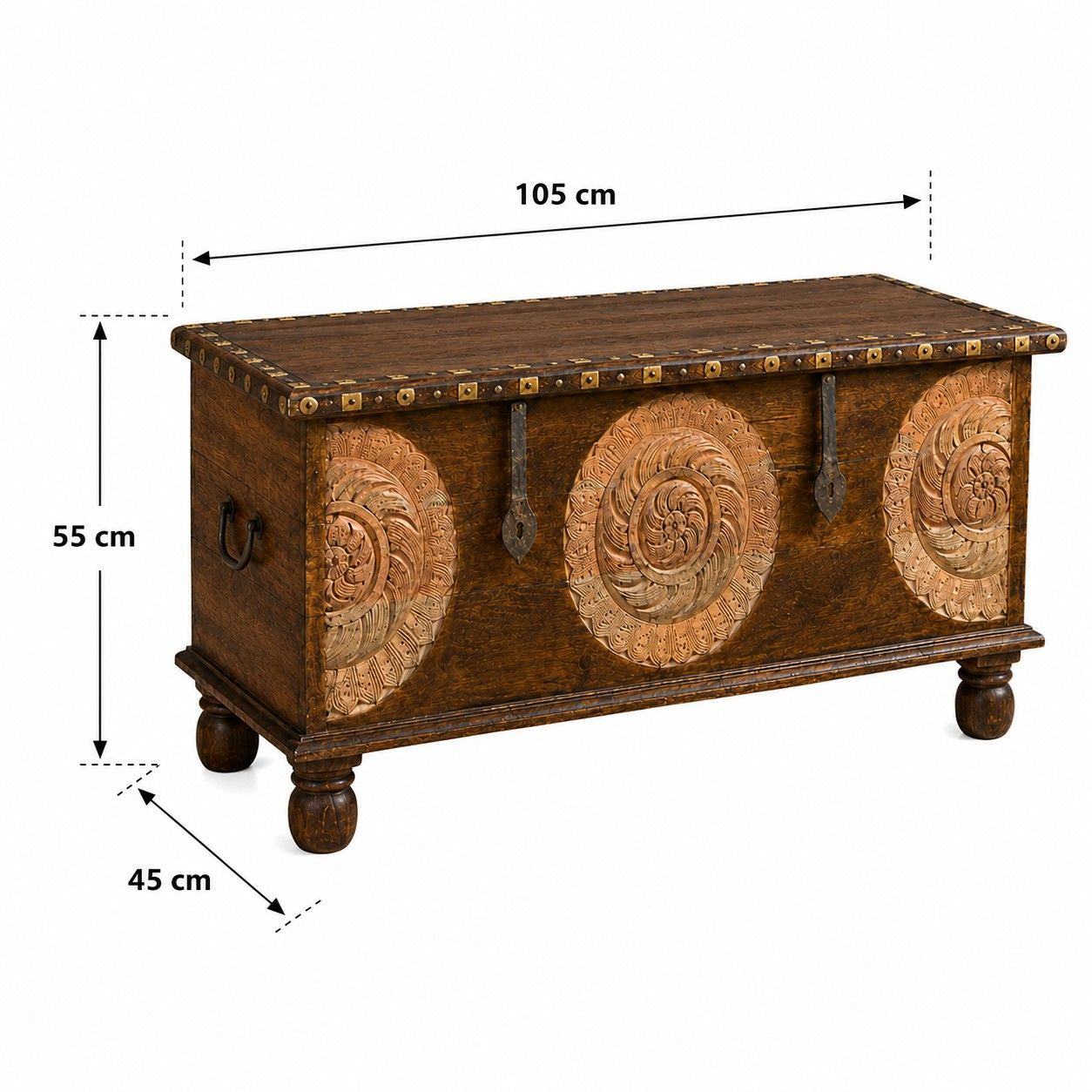 Handcrafted Wooden Storage Chest with Decorative Metal Medallions