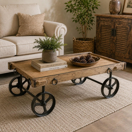 Industrial Cart-Style Wooden Coffee Table