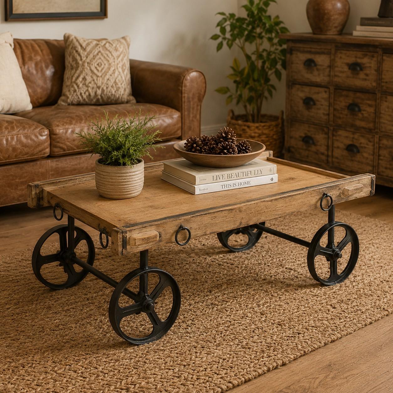 Industrial Cart-Style Wooden Coffee Table