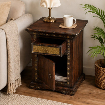 Rustic Wooden Bedside Cabinet with Drawer and Storage Compartment