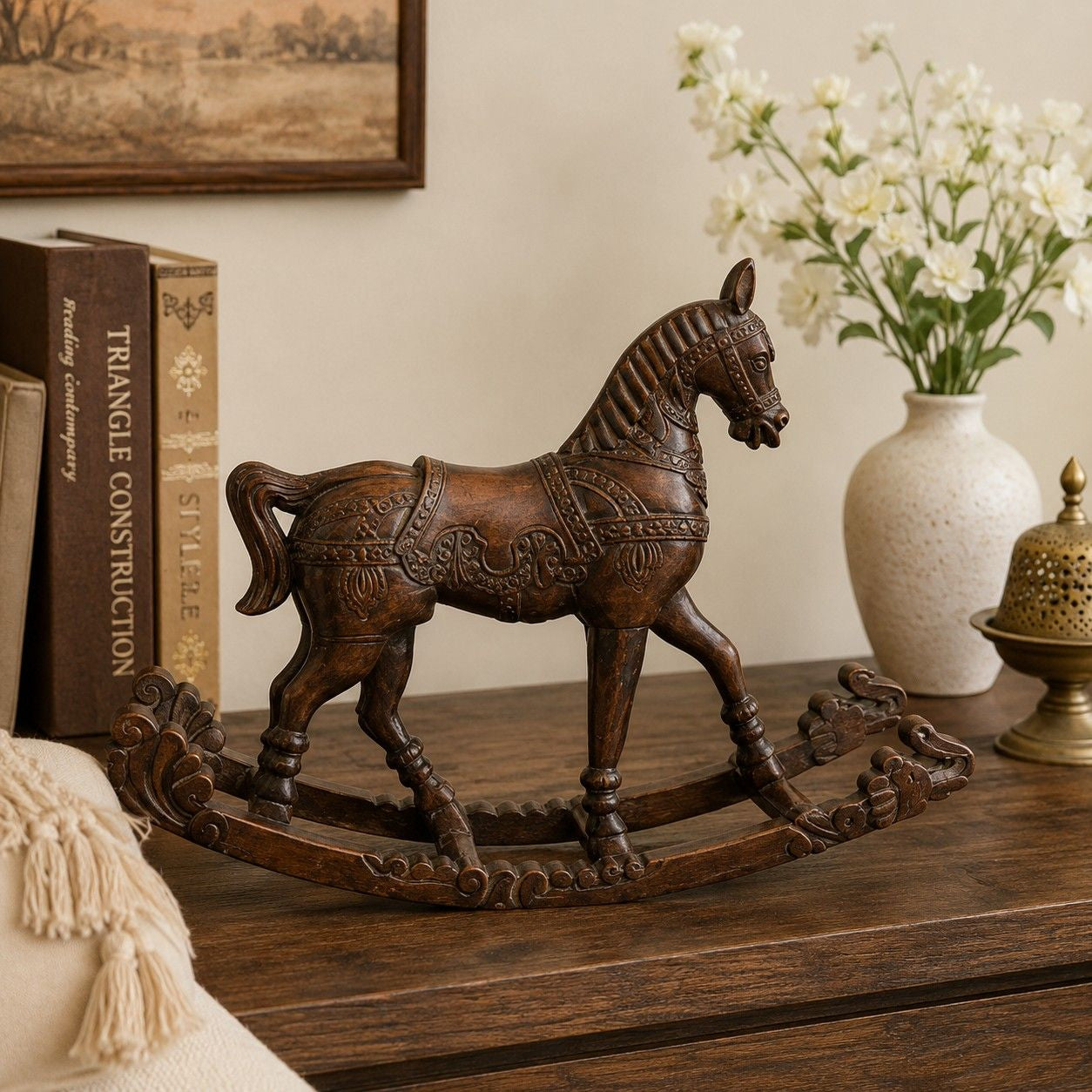 Hand-Carved Wooden Rocking Horse Sculpture