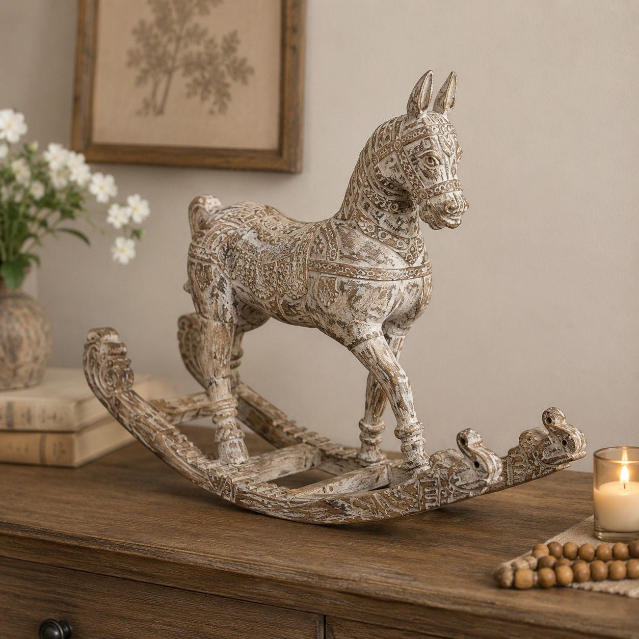 Hand-Carved Rustic Wooden Rocking Horse Sculpture