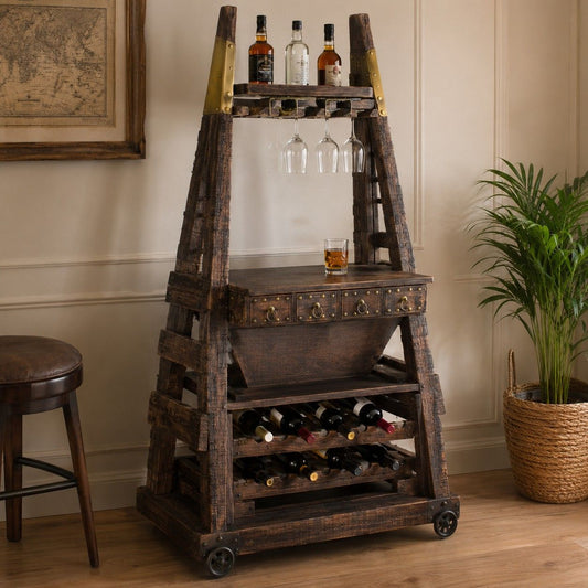 Industrial Wooden Bar Counter with Wine Storage